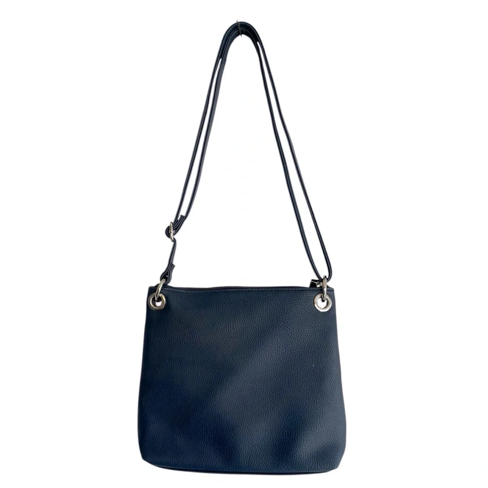 Rossetti Demi Crossbody Bag Navy Blue Faux Leather Triple Zip Adjustable Strap - Picture 2 of 12